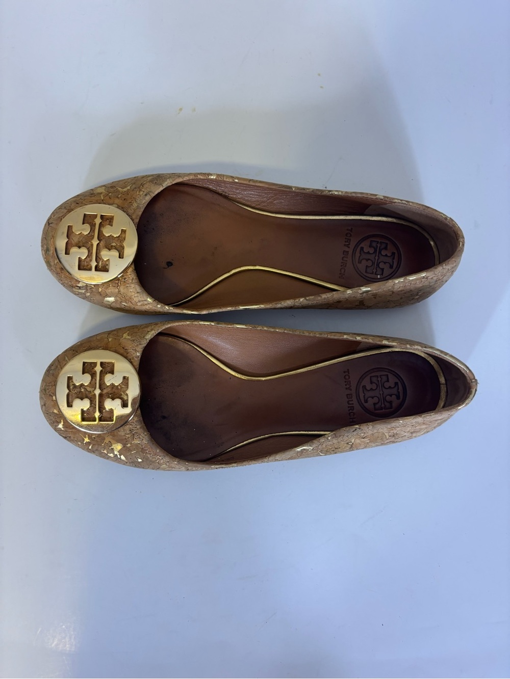 Tory Burch Gold Flake Cork Ballet Flats with Logo Women’s 7